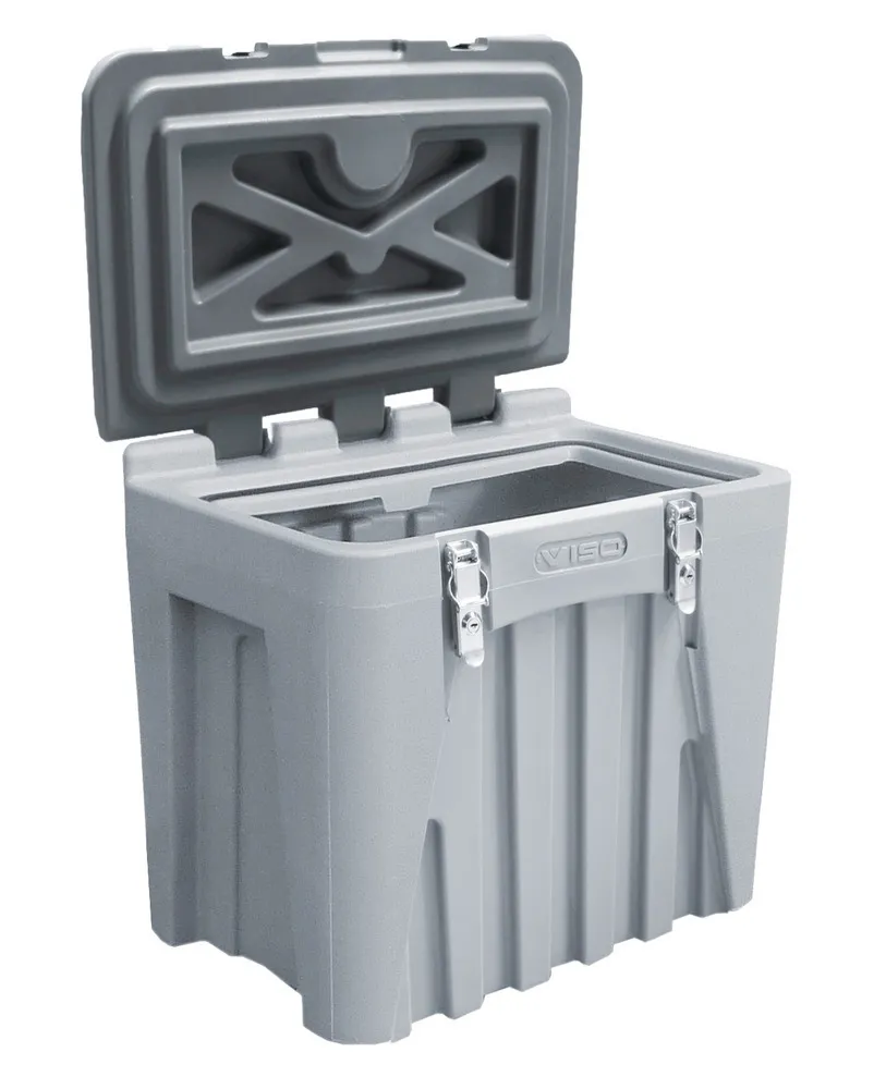 Caja universal, en plástico (PE), gris, con cerradura, volumen 75 litros