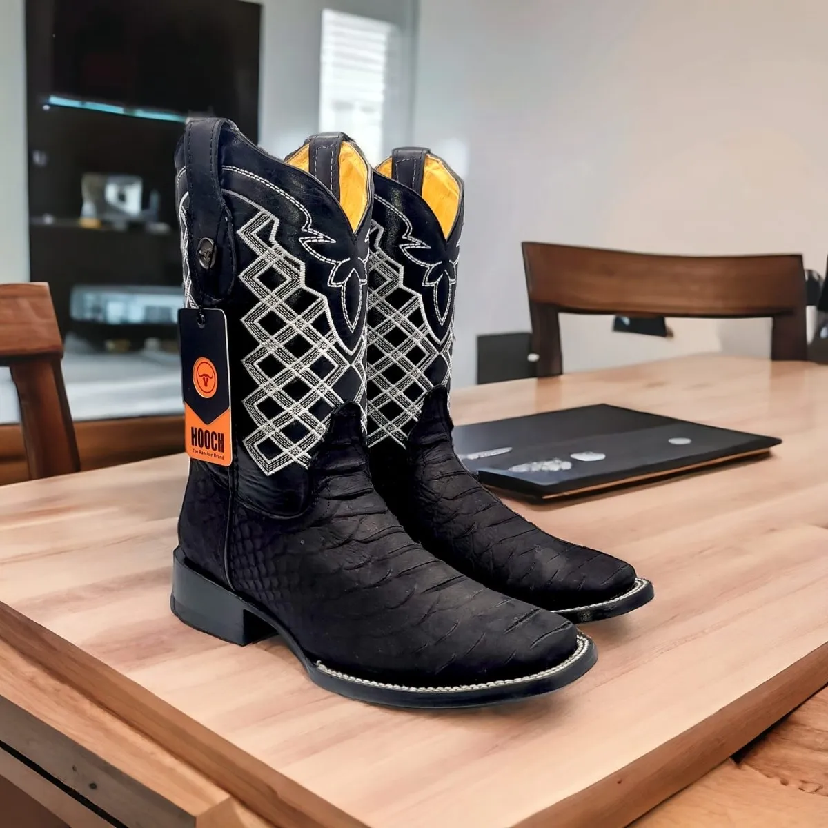 Men's Python Print Square Toe Boots - Black