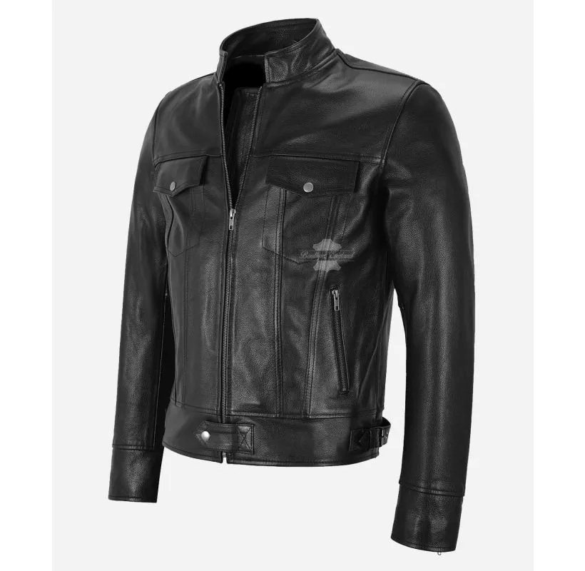 MIGUEL TRUCKER Biker LEATHER JACKET MEN'S Black Cow Leather Jacket